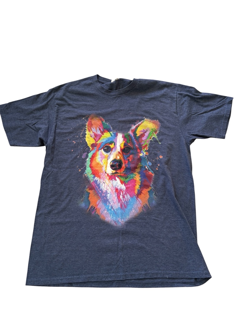 Welsh Corgi Dog T-Shirt Navy Dark Heather Sz Large Modern Art Vibrant Colorful